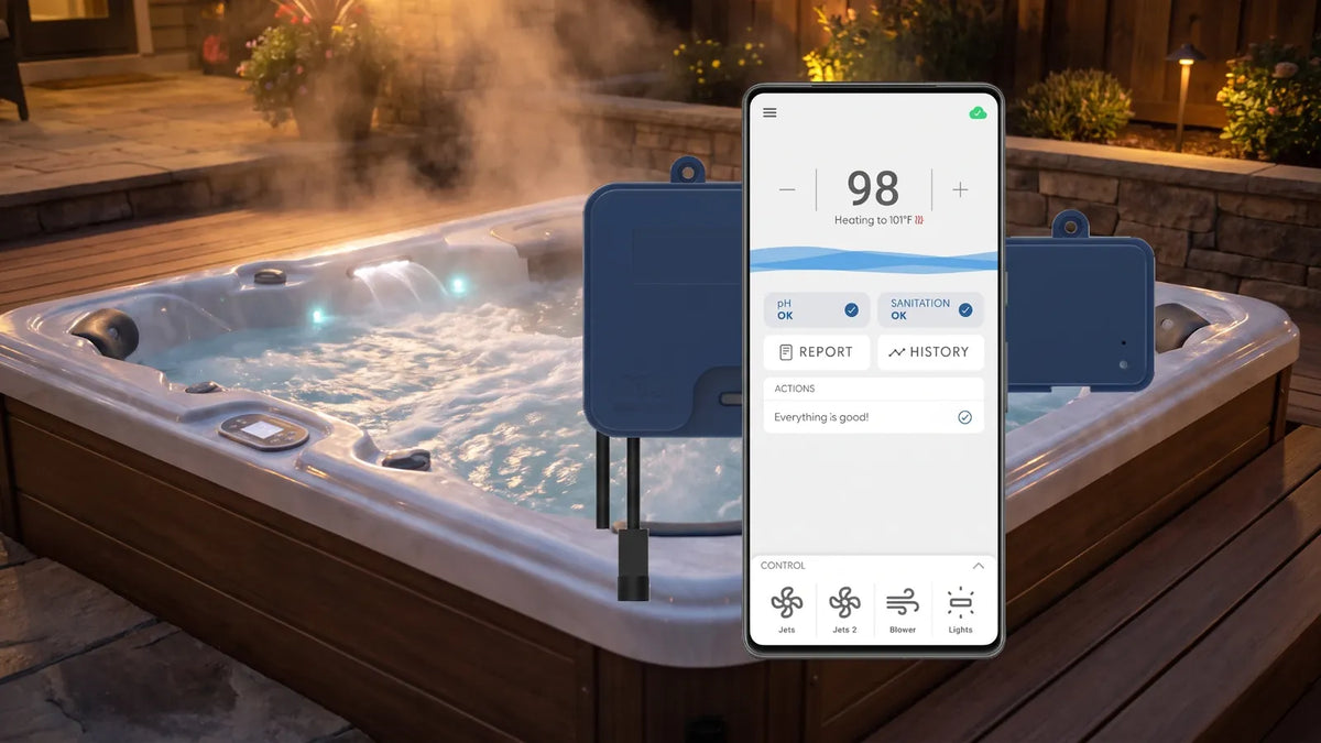 Whirlpool am Abend mit Gecko in.touch 3 Modulen und Smartphone mit Gecko-App zur Steuerung