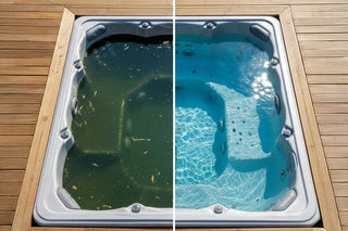 Vorher-Nachher-Vergleich: Whirlpool mit grünem Algenwasser links und kristallklarem Wasser rechts nach erfolgreicher Algenbekämpfung