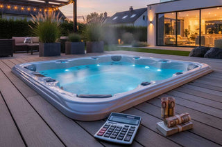 Beleuchteter Outdoor-Whirlpool am Abend mit dampfendem Wasser auf Holzterrasse, symbolisiert Whirlpool-Kosten und Betriebskosten in der Kostenübersicht 2025
