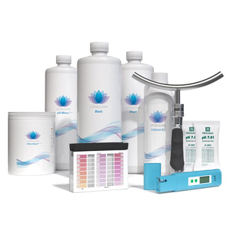 Starter Set Lotus Clean – enthält Basic, Shock, pH-Minus, Calcium Ex, Tester und Filterbrause für Desinfektion, pH-Regulierung, Kalkvermeidung und Filterpflege